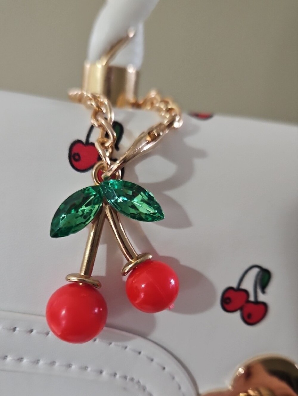 Cherry Print Mini Crossbody Bag White Gold Hardware Cherry Charm - Picture 5 of 7